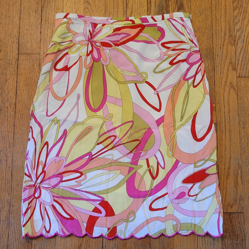Grace Elements 6 Silk Midi Skirt Floral Scalloped Psychedelic Barbiecore 90s Mod